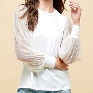 White Long Mesh Polka Dot Sleeve Top